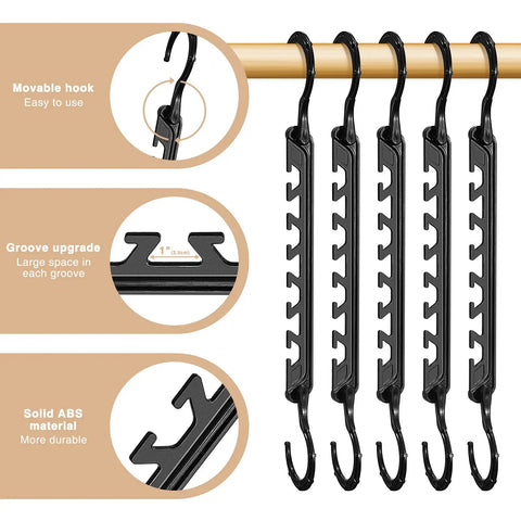 Magic Hangers Space Saving No Brainer 10 Pack Upgraded Sturdy Smart Space Saver Hangers with black hooks on a rod.