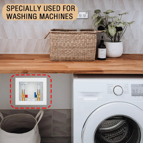 Washing Machine Outlet Box With Water Hammer Arrestor And One Quarter Turn Ball Valves Stop Hammering Noise Easy Install Inlet Half Inch Push To Connect Outlet Three Quarter Inch Male Thread Durable Brass Construction installed in laundry room.
