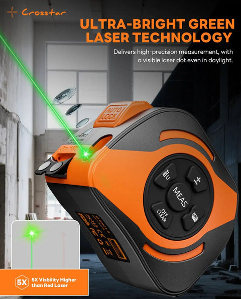 Built Tough 2 In 1 Laser Tape Measure With 197 Foot Range And Bright Green Beam, display of buttons and laser tech.