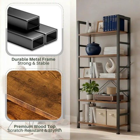 Industrial 5 Tier Bookshelf With Sturdy Metal Frame And Open Wooden Shelves Free Standing Bookcase For Living Room Bedroom And Office Heavy Duty Display Rack 62.2 Inches Tall Brown, showcasing metal frame and wood shelves detail.