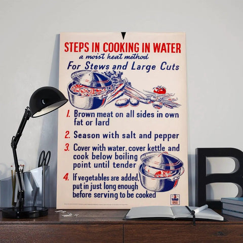 World War II Homefront Nutrition Poster Canvas Wall Art Unframed 20x30 Inch For Living Room Office Decor Vintage History Poster Educational Retro Illustration Classic Vibe with cooking steps.