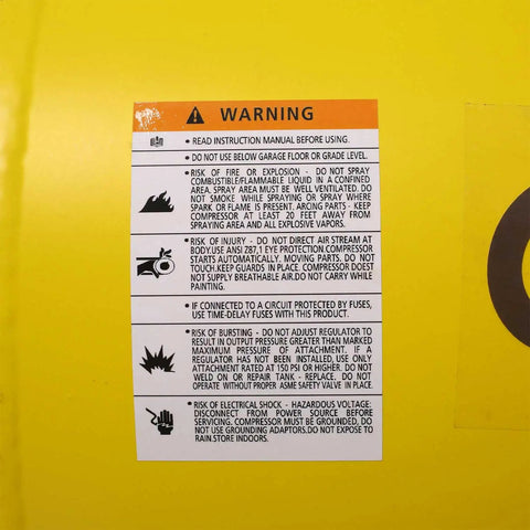 Warning label for Top Rated 3.5HP Quiet Air Compressor With 10 Gallon Oil Lubricated Horizontal Tank And 115 PSI Pressure Output.
