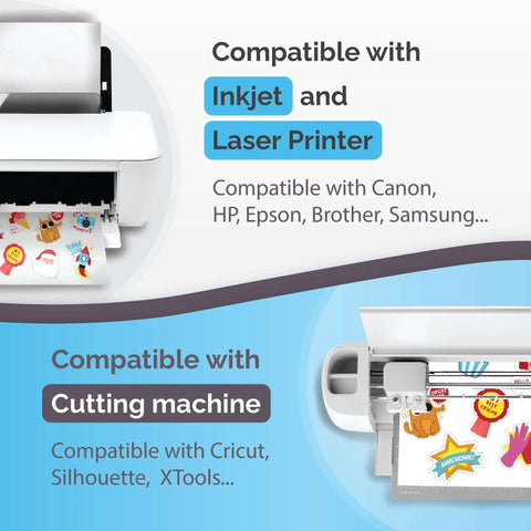 Glossy printable vinyl sticker paper for inkjet and laser printers; printer with colorful sticker samples, 32 sheets.