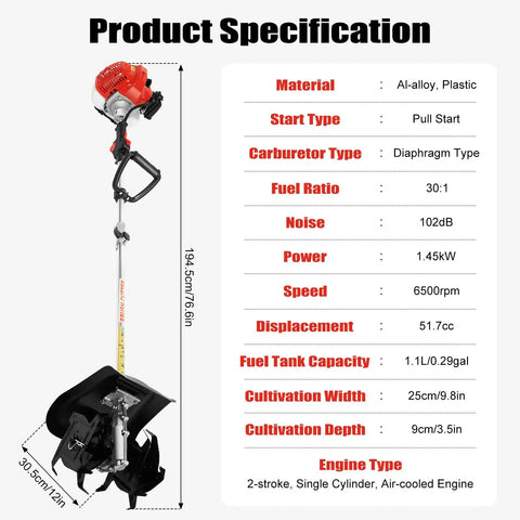 Gas Powered Tiller Cultivator With 51.7Cc 2 Stroke Engine, product specifications and features illustration