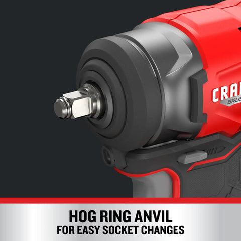 Close-up of Bare Cordless Three Eighths Inch Drive Impact Wrench 165 Ft Lbs Max Torque Hog Ring Anvil Variable Speed Trigger