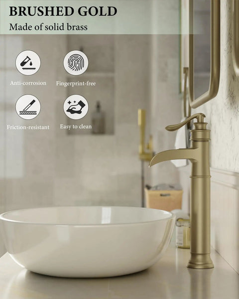 Brass Construction Black And Gold Vessel Sink Faucet With Tall High Arc Body next to white basin with bathroom background