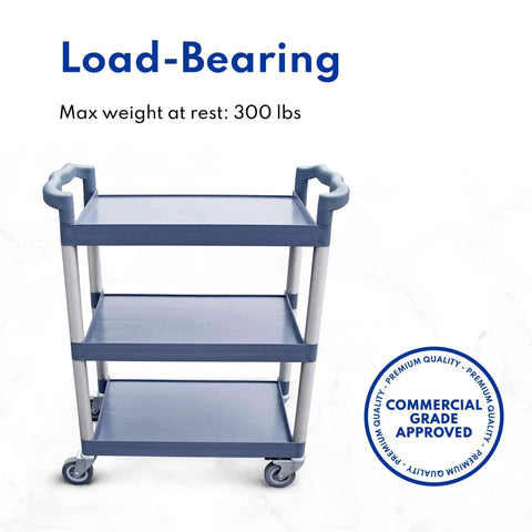 Top Notch Heavy Duty 3 Tier Plastic Utility Rolling Cart That Handles Loads Like A Champ With Secure Locking Casters And 250 Lb Capacity For Busy Kitchens Gray - gray plastic cart with three tiers, load-bearing design, commercial use.
