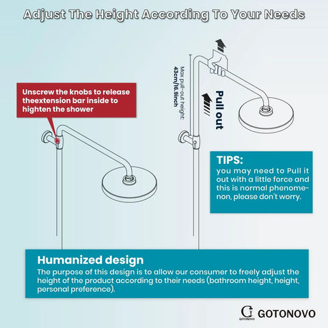 Diagram showing installation height adjustment for Eight Inch Rainfall Showerhead With Exposed Faucet Set 3 Function Shower System.