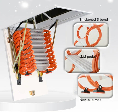 Top Tier Electric Attic Ladder With Remote Operation Ceiling Pull Down Stairs showcasing alloy rungs and non-slip grip details.
