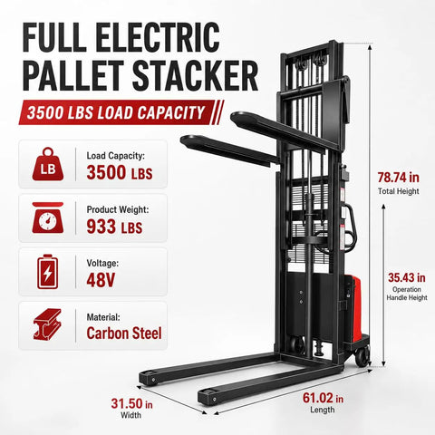 Heavy Duty Carbon Steel Semi Electric Pallet Stacker With 1.6KW Motor And 3500 Lb Capacity For Warehouses, showing full electric design and dimensions.