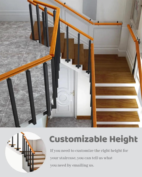 Badass Black Metal Square Stair Railing Kit Including 20 Pieces Adjustable Deck Guardrail Posts For Indoor Outdoor Steps Patio Terrace No Fuss Diy Setup showcasing customizable height on indoor staircase.
