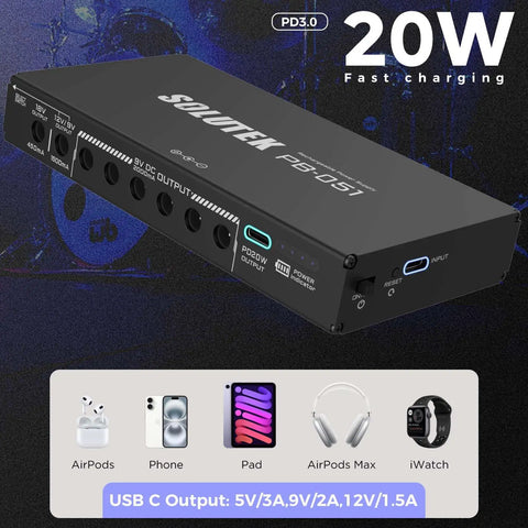 Rechargeable Guitar Pedal Power Supply With 12800mAh High-Current Battery, Delivers 9V 12V 18V And 5V Rails For Pedalboards And More Devices, Ultra Compact, Gig-Ready, Ready To Go, Model PB-051 on display next to compatible devices like AirPods and iWatch