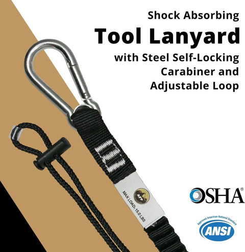 Shock Absorbing Tool Lanyard With Steel Self Locking Carabiner Adjustable Loop And One Hand Release 15 Pound Weight Capacity