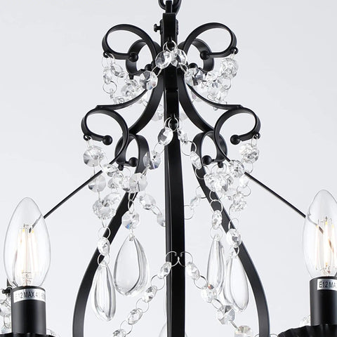Black Crystal Chandelier With 5 Lights, K9 Crystal Raindrops, Iron Ceiling Light Fixture close-up of raindrop details.