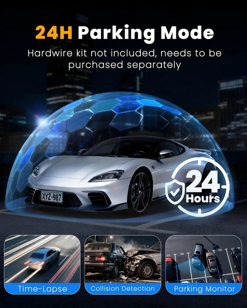 Car under protective shield for 24H Parking Mode feature of All Around Four Channel 360 Degree Dash Cam With Front Rear Inside and Left Right Cameras 4K Front And 1080P On Other Lenses WiFi App Control 24 Hour Parking Mode 8 Infrared Night Vision Lamps 64GB Card Included.