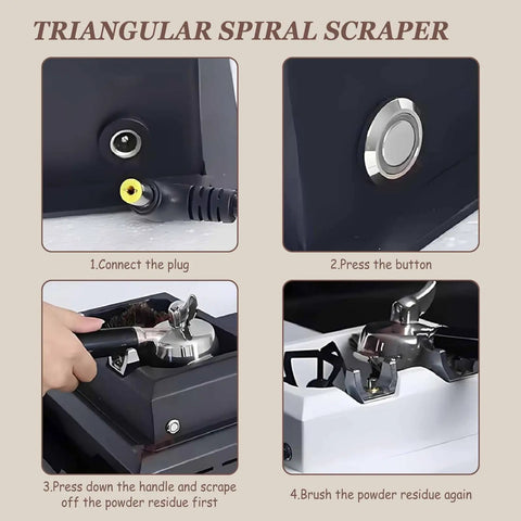 Electric Portafilter Cleaner With Rugged Knock Box showing setup steps for espresso cleanup using a triangular spiral scraper.