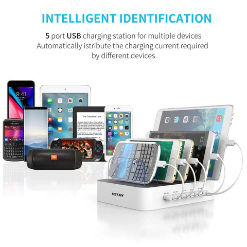 Five Port USB A Charging Station For Multiple Devices Desktop Dock Organizer With Seven Short Cables Included holds smartphones and tablets