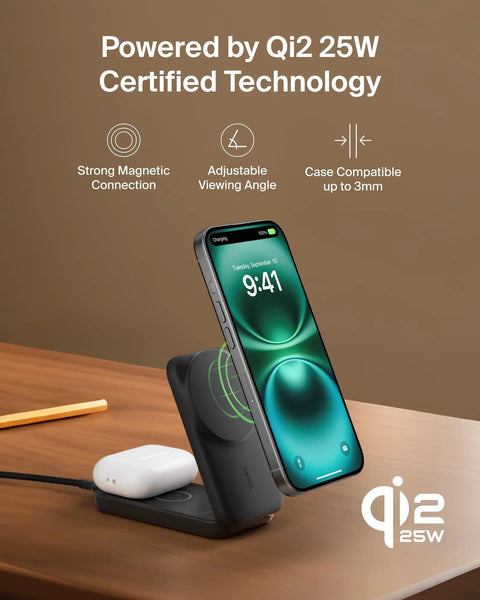 MagSafe 25W Wireless Charger Stand 2-in-1 Dock With Qi2.2 Fast Charge holding iPhone and AirPods on wooden desk