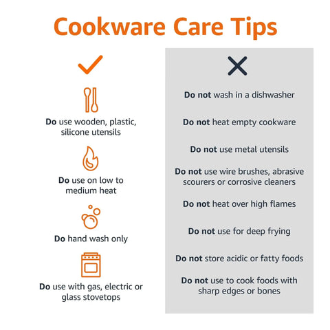 Cookware care tips graphic with do's and don'ts for Hassle Free Ceramic Nonstick Eight Piece Pots And Pans Set.
