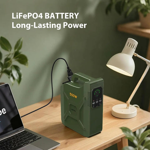 Portable Power Station 500Wh Lifepo4 Solar Generator With 500W Pure Sine Wave AC Outlet And 60W USB C PD Quick Charge For Camping Rv And Home Blackouts showing green battery connected to a laptop.