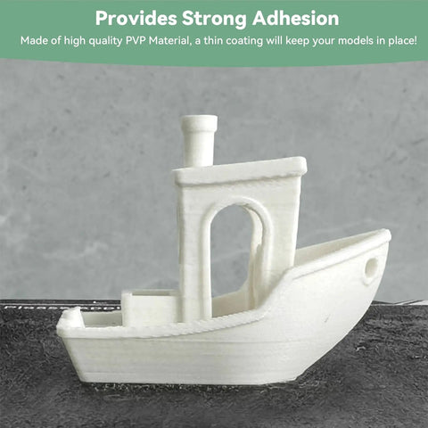 Rock Solid 3D Printer Glue Stick For Build Plate Hot Bed used to bond a white 3D printed boat model on a flat surface.