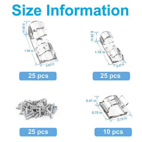 Size chart showing 60 Pack Assorted Cable Clips For Outdoor And Indoor Use with dimensions and quantity for each size.