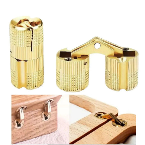 Concealed Barrel Hinges 2 Pack Gold Copper Finish for cabinet doors, showing ultra low profile, easy install in wood cabinets.