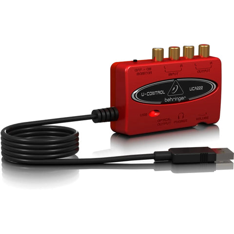 UCA222 USB Audio Interface with Ultra Low Latency 2 In 2 Out, digital output, plug-and-play, shown with USB cable for PC Mac.