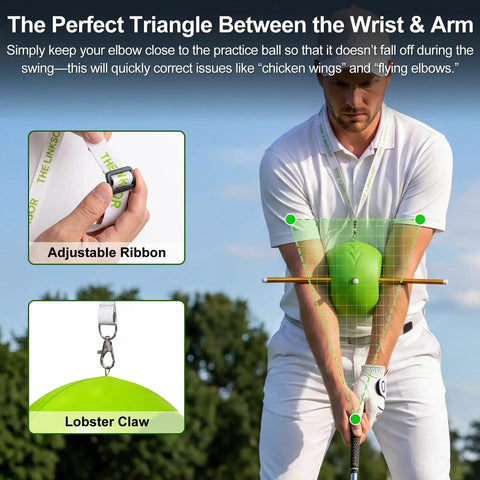 Man using Golf Swing Training Ball With Wrist Hinge Trainer And Adjustable Lanyard, Between Arms Connector for posture correction.