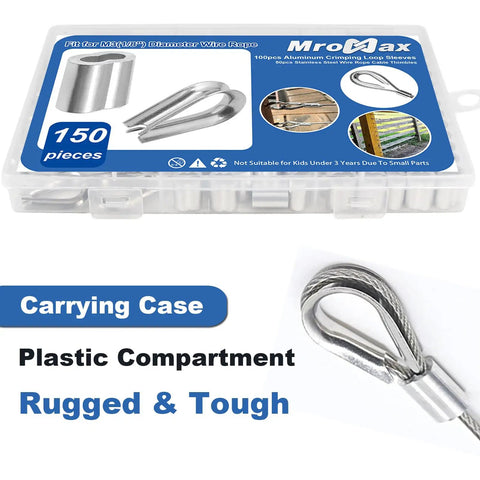 All In One 1/8 Inch Wire Rope Crimp Sleeve Kit with 100 aluminum crimp sleeves and 50 M3 stainless steel thimbles in case