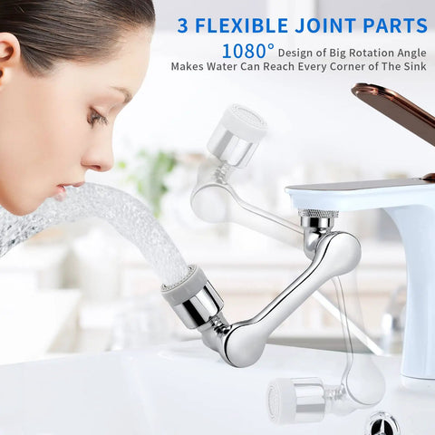 Faucet Extender For Bathroom Sink With 1080 Degree Robotic Arm Swivel Aerator Brass Sink Attachment in action, water flowing.