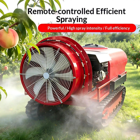 Heavy Duty Remote Control Crawling Sprayer Machine With Tracked Crawler Vehicle Base For Agri Farming And Orchard Treatment, red mist blower in field.