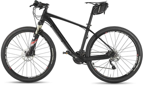 Mountain bike with an under-seat bike seat bag, 3D shell saddle pack with waterproof zipper, shock-resistant cushion showcased.