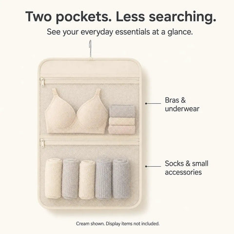 Slick Hanging Closet Sorter With Dual Zippered Mesh Pouches For Hassle Free Underwear And Sock Taming In Smooth Cream Cloth, showing bras, socks, and accessories.