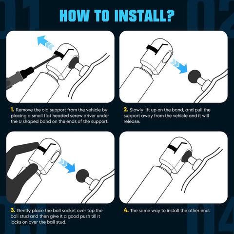 Installation guide for rear hatch lift supports showing step-by-step process for Toyota Sienna 2004 to 2010 gas springs.