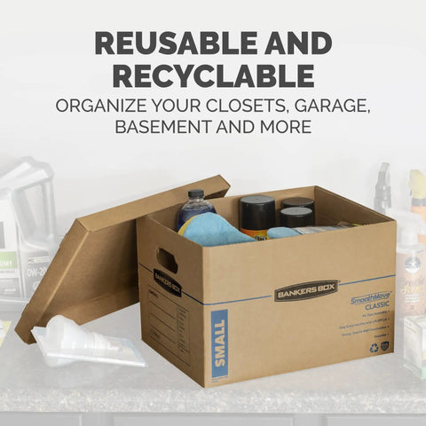 Ten Pack Of Medium Moving Boxes Built Tough With Reinforced Handles No Tape Assembly Required Easy To Pack And Stack Comes With Labeling Spots And Lift Off Lids For Quick Access Perfect For Any Big Move shown with organized items inside.