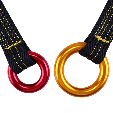 Pro Grade Arborist Friction Saver Tree Climbing Sling with Bomber Polyester Webbing and Lightweight Aluminum Carabiner rings in red and gold.