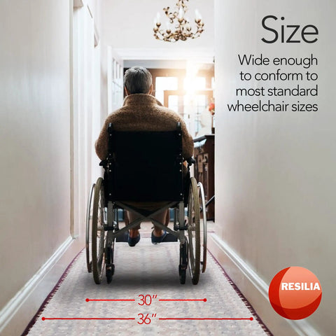 Deluxe Clear Vinyl Floor Runner For Deep Pile Carpets Heavy Duty Non Slip Stain Resistant Waterproof Carpet Protector 36 Inch Wide And 6 Feet Long Made In The USA in a hallway demonstrating its width with a wheelchair.