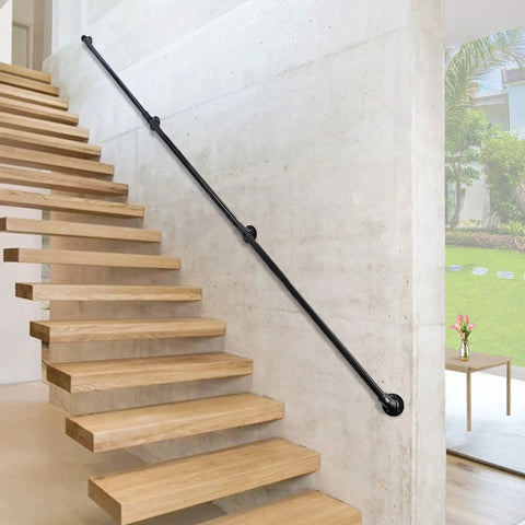 12ft Galvanized Steel Stair Railing Kit With Iron Balusters Easy Install Indoor Outdoor Hand Rail For Home And Commercial Spaces Built Tough For Daily Grinds And Safer Stairs installed on concrete wall beside wooden stairs