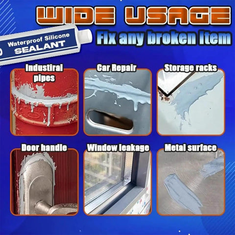 Heavy Duty Waterproof Sealant Adhesive With High Viscosity Polymer Formula For Multi Material Joint Sealing All Weather Tough As Nails Bonding That Knocks It Out Of The Park applied on various surfaces like door handles, car repairs, and window leaks.