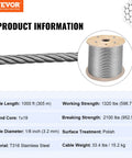 Stainless Steel Cable Rope One Eighth Inch For Railing Systems And DIY Projects, 1000 Ft Roll, T316 Stainless, 1x19 Core
