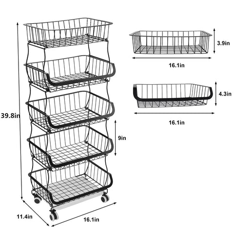 Five Tier Built Tough Metal Wire Rolling Cart Stackable Produce Basket dimensions and features with rust resistant black finish.