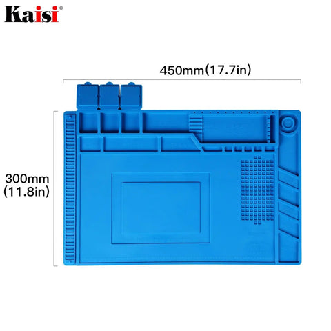 Heat Resistant Silicone Repair Mat With Built In Scale Ruler And Screw Positioning For Soldering Iron Phone And Computer Repair Size 17.7 By 11.8 Inches 124 Screw Holes 3 Covered Storage Pockets Keeps Workbench Safe From Heat, showing blue mat with storage pockets and scale ruler, size displayed.