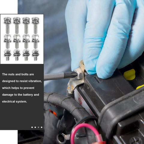 Close-up of 18 Piece M6 Stainless Steel Hex Head Battery Terminal Bolt And Nut Kit With Flat Washers during motorcycle installation