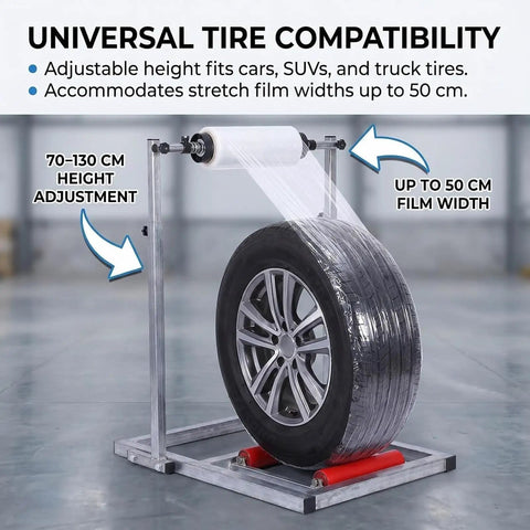Hella Adjustable Tire Wrap Dispenser Stand For Car And Truck Wheels With Dual Roller Base Smooth Rotating Platform Auto Shop Stretch Film Holder, adjustable height 70-130 cm.