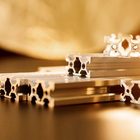 Close-up of aluminum extrusions without Ten Pack EU Standard T Slot End Caps for Aluminum Extrusion 7mm Diameter 20x20mm Silver Quick Fit Pro Grade
