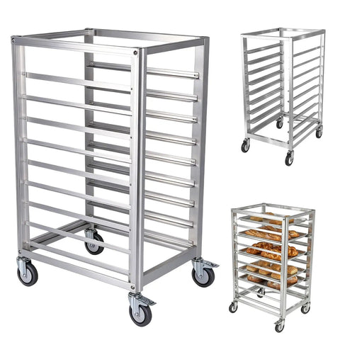 Heavy Duty 9 Tier Commercial Cooling Rack With Smooth Roll Locking Casters, Solid Aluminum Build, Space Saving Bakery Sheet Pan Holder, Sick Storage Cart For Any Bustling Kitchen Crew with baked goods.
