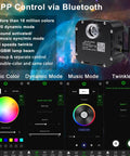 50W Dope Twinkle Fiber Optic Light Source With RGBW LED and Bluetooth remote display showing app controls for color modes