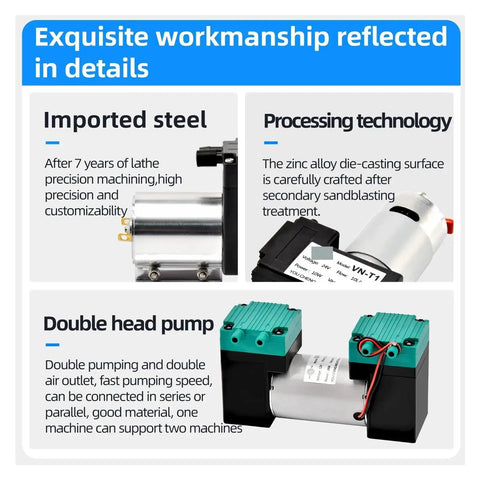 Compact 40L Min Mini Dc Vacuum Pump With Negative Pressure Suction Piston Cupping Oil Free And Maintenance Free Small Vacuum Pump For High Efficiency Home Use VN C4 Dc12 Model detailed view of double head pump design with zinc alloy surface.