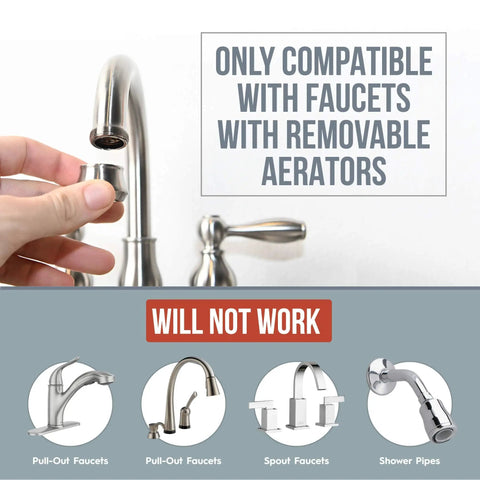 Image showing compatibility of Hot Water Bidet Sprayer for Toilets and Sinks; only for faucets with removable aerators, not pull-out or shower spouts.